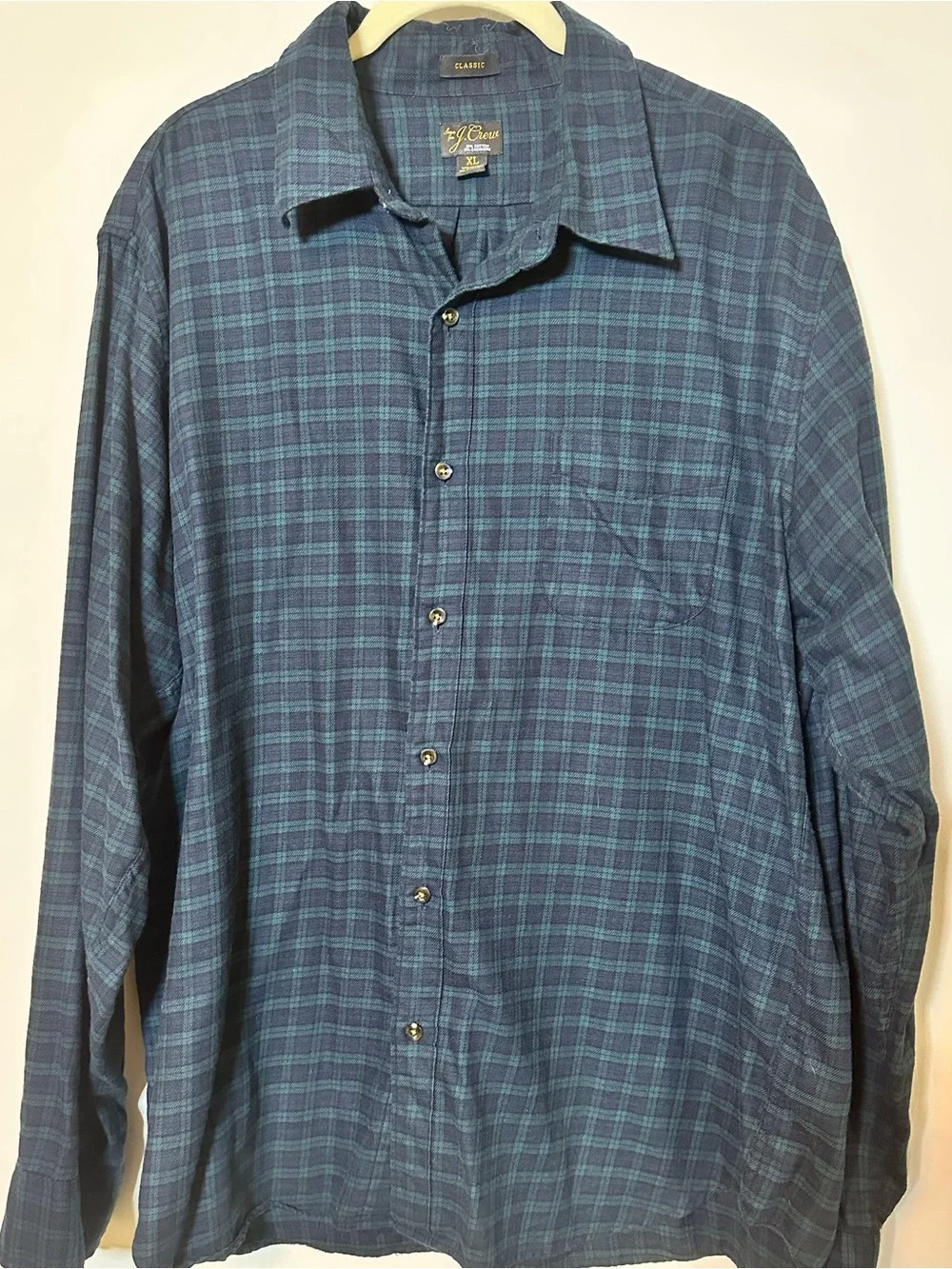 J.Crew Men’s Size XL Flannel Cashmere Cotton Blend Green Navy Plaid Button Down